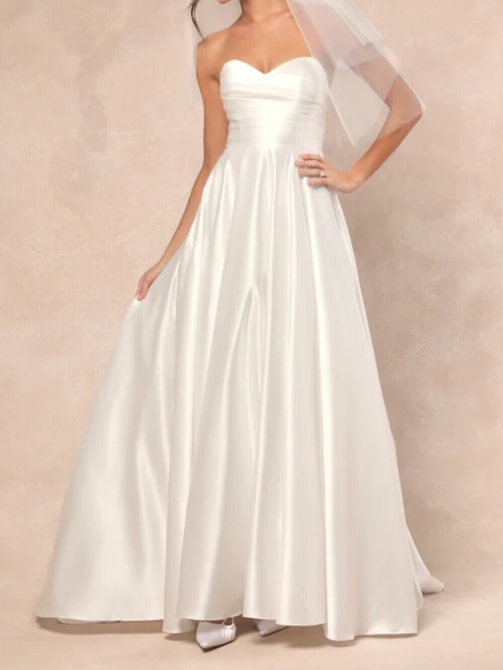 Lulus Khalida White Satin Pleated Strapless Wedding Gown Maxi Dress NWT - Large